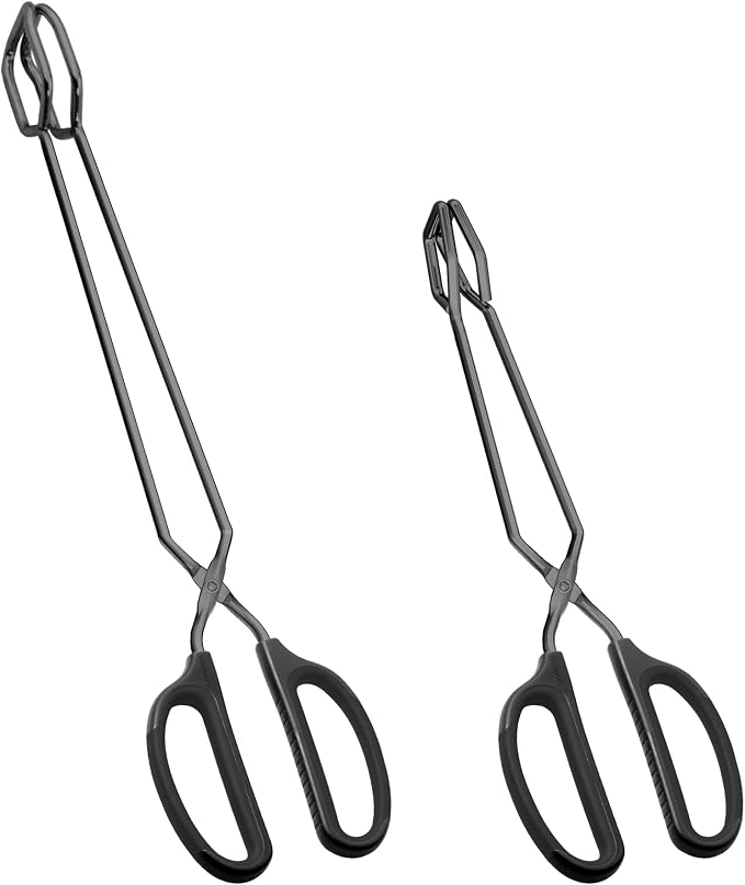 HINMAY Stainless Steel Scissor Tongs 12" and 16" Set, Set of 2 (Black) | Extra Long Metal Kitchen Tongs for Cooking, Grilling & Serving