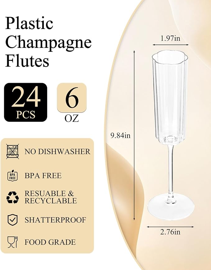 Ciaell 24 Pack Plastic Champagne Flutes for Weddings Birthdays | 6 oz Vintage Flower Wavy Toasting Cups, Heavy Duty Plastic, Champagne Wine Mimosas Beverages for Parties Outdoor