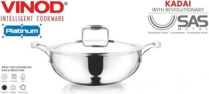 Vinod Platinum Extra Deep Kadai, 24cm, Stainless Steel, Durable Cookware | 3.3 Litre Capacity Wok For Home Kitchens; Great For Curries, Frying And Everyday Indian Cooking