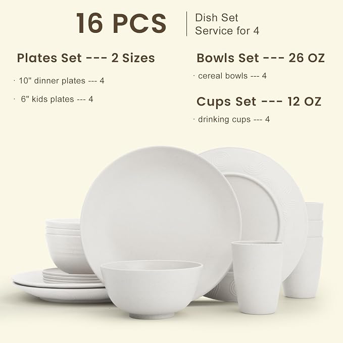 Wheat Straw Dinnerware Sets - 16 PCS Unbreakable Dinner Plates,Dessert Plates,Cereal Bowls,Drinking Cups,Dishes Sets for 4，Reusable Dishwasher & Microwave Safe for Kitchen - White