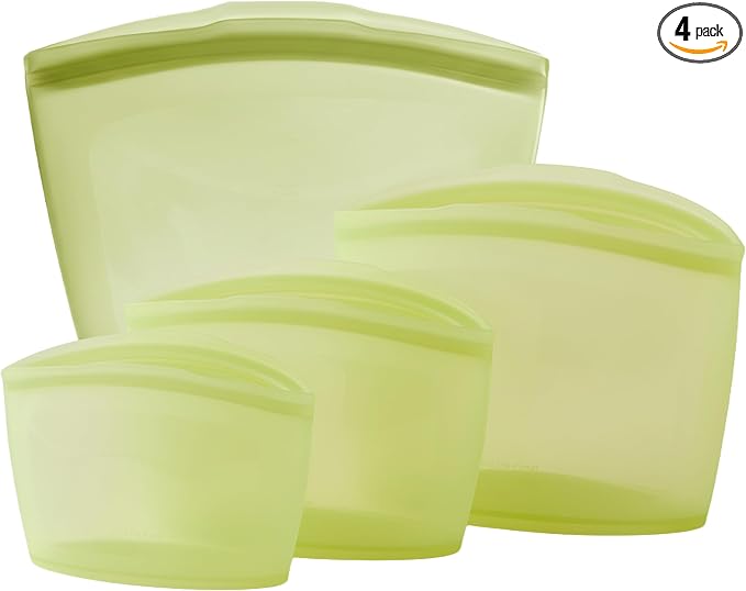 Blue Ginkgo Silicone Food Storage Bags, 4-Pack, Reusable, Made in Korea | Leakproof. Stand Up. Freezer and Dishwasher Safe. (Olive Green)