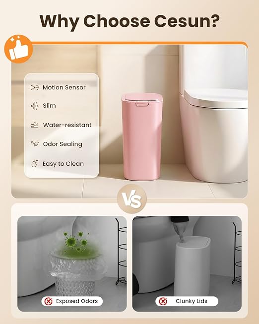 Cesun 5 Gallon Automatic Bathroom Trash Can with Lid, Pink, Touchless | Motion Sensor, Slim, Small Smart Garbage Bin, Plastic, Battery Operated, Manual Button, for Office/RV/Bedroom/Living Room