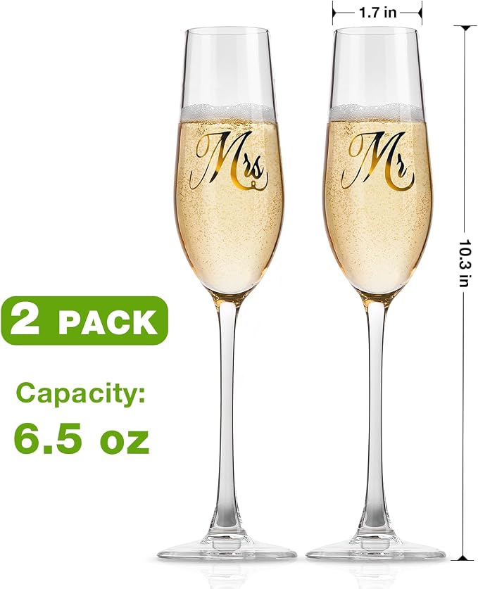 Mfacoy Mr. & Mrs. Champagne Flute Set, Wedding Decor - His and Hers, Wedding Toasting Glasses for Engagement Celebrations, Bridal Shower and Registry Idea, Tall Wine Glasses for Bride and Groom Gifts