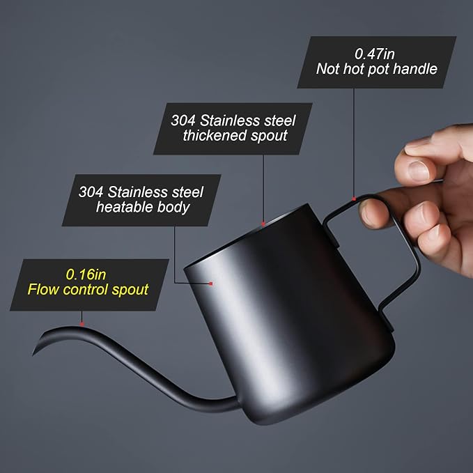 PARACITY Pour Over Kettle, 12 oz Stainless Steel Gooseneck Coffee Pot | Pour over coffee pot with lid, narrow spout and hanging handle for single-cup drip coffee or tea during travel and camping