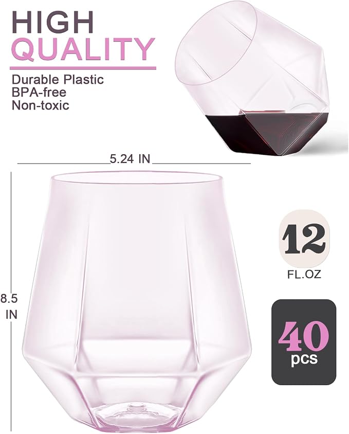 40 Pack Plastic Wine Glasses, 12 Oz Disposable Cocktail Whiskey Glasses | Diamond Stemless Champagne Margarita Glasses, Unbreakable Reusable Plastic Party Cups for Wedding Birthday (Pink)