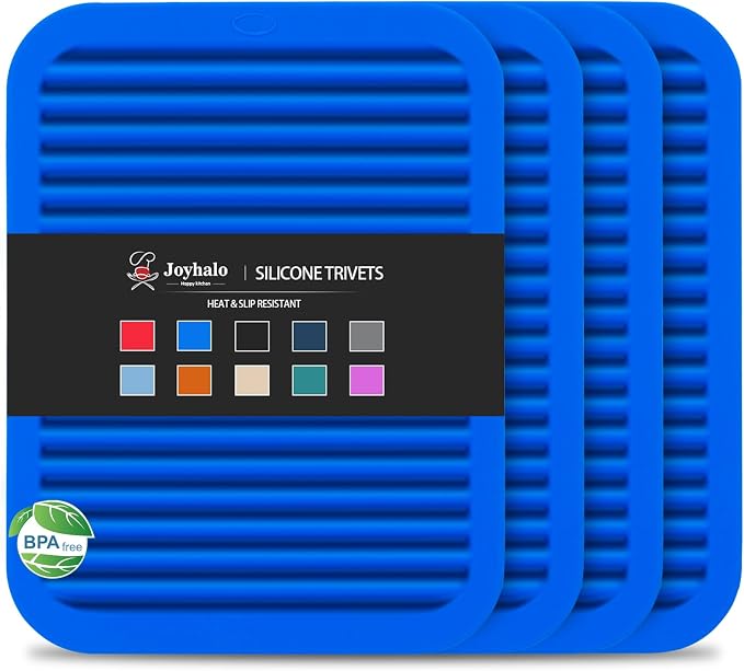 4 Pack Square Silicone Trivets | Hot Pads for Kitchen, Hot Pots and Pans, Hot Dishes, Countertops, Heat Resistance to 480°F, True Blue