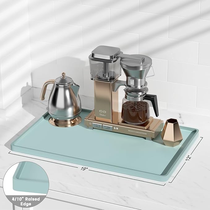 Rnivvi Silicone Coffee Mat, 12" x 19" Waterproof Raised Edge Coffee Bar Mats for Espresso Machine Station Accessories, Heat Resistant Dish Drying Pad for Kitchen Counter, Bar Decor Pad, Shadow Green