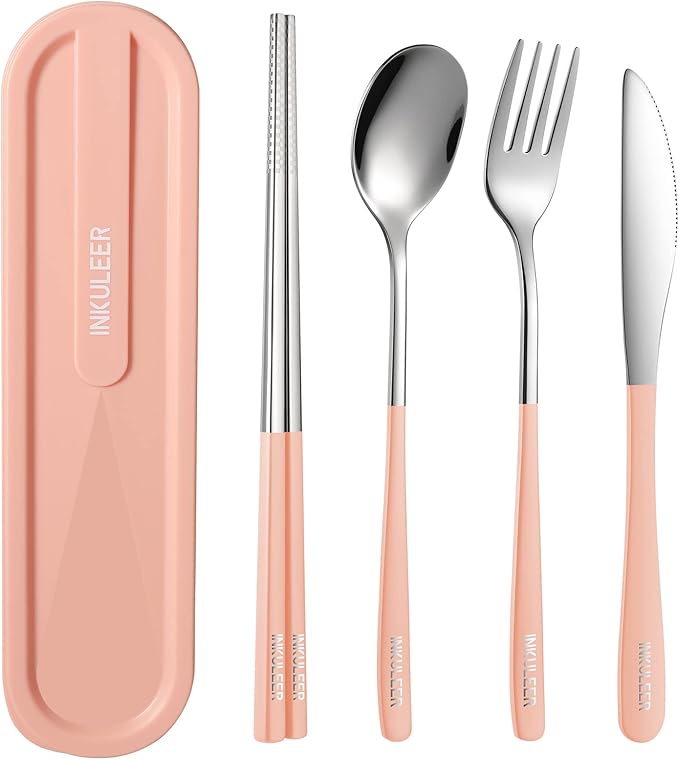 iNKULEER Travel cutlery set, 18/8 stainless steel cutlery, Reusable utensils set with case, Portable Silverware Lunch Box for Camping and Office