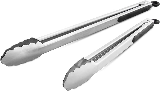 304 Stainless Steel Kitchen Cooking Tongs, 14 & 16 Inch, Set of 2, Black | Locking Food Tongs with Non-slip Grips and Hanging Loops for Cooking, Grilling, BBQ and Serving, Dishwasher Safe