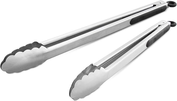 304 Stainless Steel Kitchen Cooking Tongs, 12 & 14 Inch, Set of 2, Black | Locking Food Tongs with Non-slip Grips and Hanging Loops for Cooking, Grilling, BBQ and Serving, Dishwasher Safe
