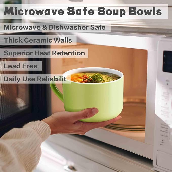 Soup Bowls with Handles & Spoons, 30oz Ceramic Ramen Bowl with Lid, Large Soup Mugs/Cups for Instant Noodle, Big Cereal Bowls for Oatmeal, Soup Containers with Lids, Set of 2, Grass Green