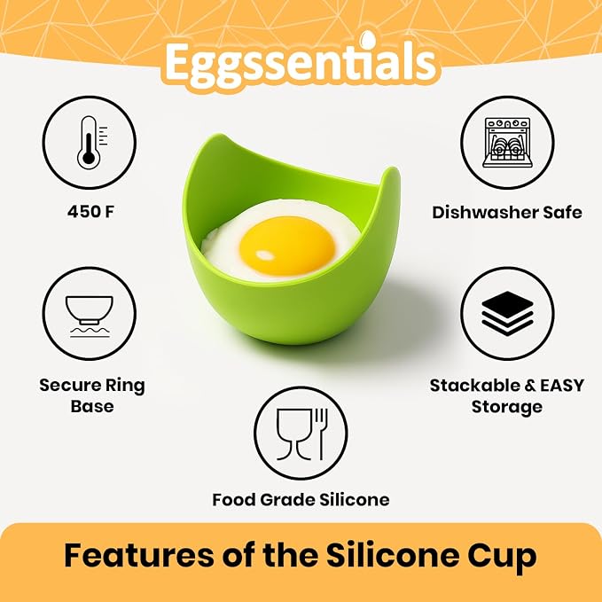Eggssentials - Poached Egg Cups - Pack of 4 - BPA Free Silicone Egg Poacher Cups - Nonstick Poached Egg Cooker for Microwave, Stovetop, Baking – Easy to Clean Poaching Pods for Perfect Eggs