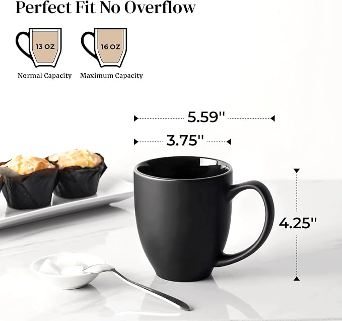 DOWAN Coffee Mugs, Black Coffee Mugs Set of 6, 16 oz Ceramic Coffee Cups with Large Handles for Men Women, Porcelain Big Mug for Tea Latte, Mug Gifts for Home Office Party
