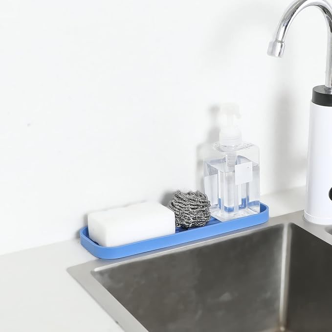 MicoYang Silicone Kitchen Sink Organizer Tray for Multiple Usage,Eco-Friendly Sponges Holder for Kitchen Bathroom Counter or Sink,Dish Soap Dispenser,Scrubber,Bottle,Cup (Lichen Blue, 12"×4")