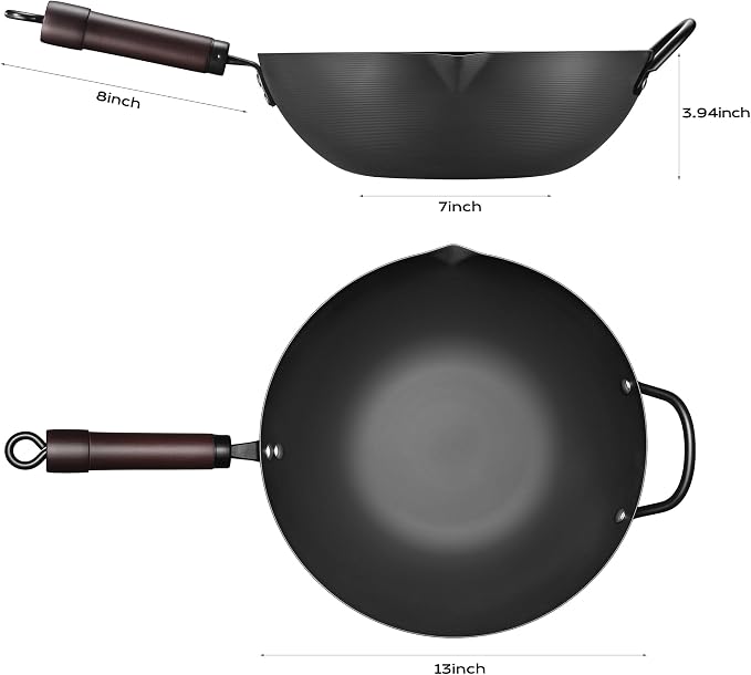 FGJ Wok, 13 Inch Carbon Steel Wok Pan Set 6PCS & Stir-fry Pans Nonstick, Pre-Seasoned 5.8QT Flat Bottom Chinese Woks Paella Pan Set, Carbon Steel Cookware, Compatible with All Cooktops