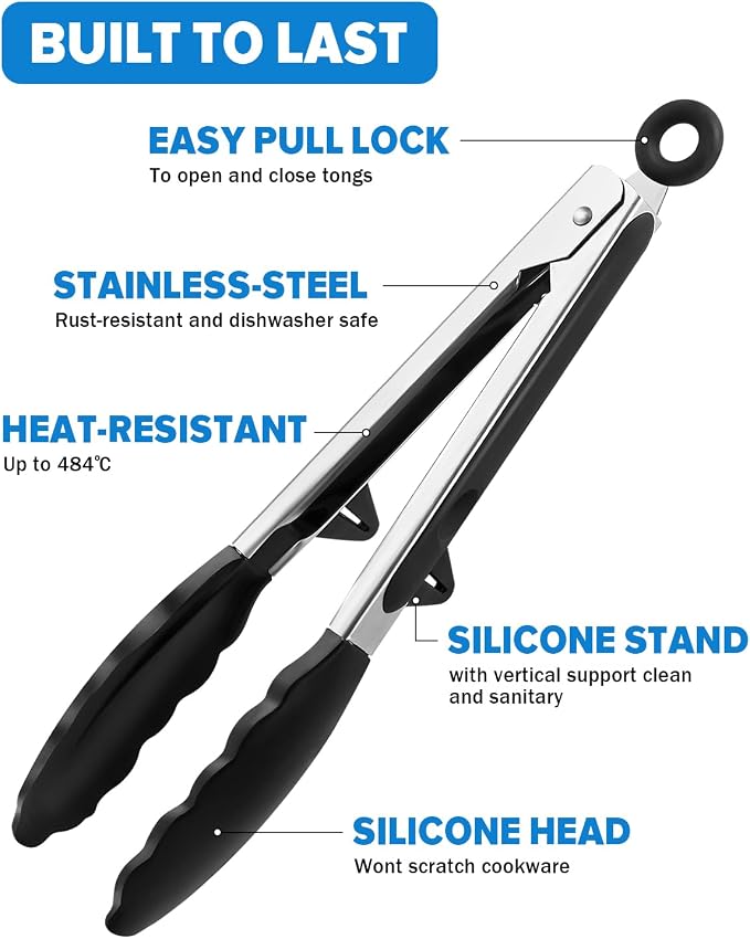 Kitchen Tongs for Cooking, Non Scratch Silicone Tip for Nonstick Cooking Pans, Food Grade Mini Serving Tongs, Pull Lock, Set of 3 (Black, 9 inch)