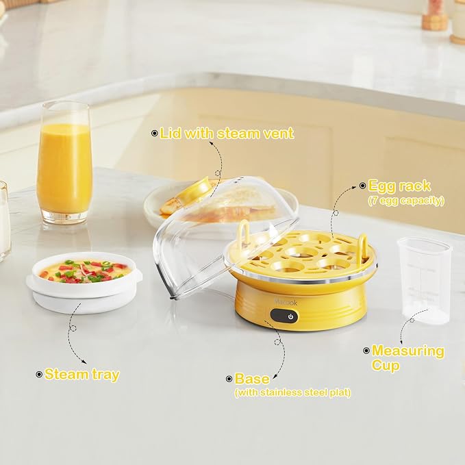 Macook Easter Rapid Egg Cooker with Touchscreen – 7-Egg Capacity, Soft/Medium/Hard-Boiled, Auto Shut-Off, BPA-Free & Dishwasher-Safe Parts, Measuring Cup Included (Yellow)