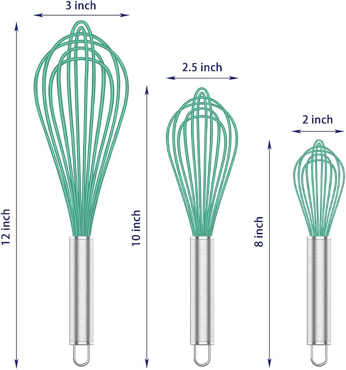 OYV Teal Silicone Whisk Set of 3, 8/10/12 Inch, Non-Scratch, Aqua | BPA-Free Silicone, Heat Resistant Up to 480°F, Stainless Steel Core, Dishwasher Safe, Nonstick-Safe