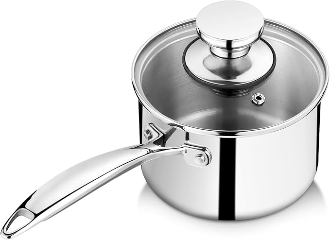 P&P CHEF 1 Quart Tri-Ply Saucepan with Visible Lid, Small Pot, 1 Piece | 1 Qt Stainless Steel Sauce Pan, Cooking Induction Pot Cookware for All Stoves, Healthy & Sturdy, Oven & Dishwasher Safe