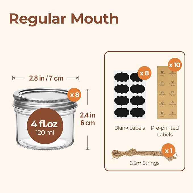 ComSaf Mini Mason Jars 4 oz, 8 Pack Regular Mouth Glass Jars with Lids | BPA-Free Materials, Spice Rack, Small Jam, Honey Samples, Wedding Favors, DIY Candles, Labels and Twine
