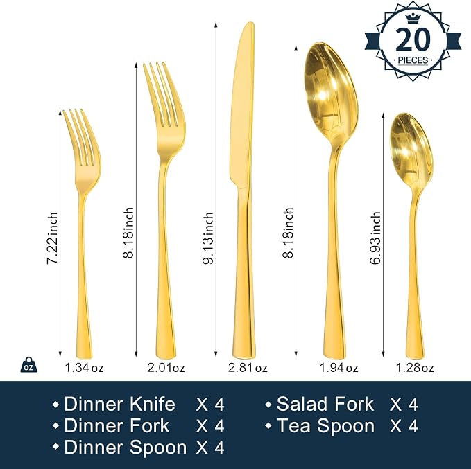 18/10 Flatware set for 4, 20 Piece Gold Stainless Steel Silverware Set | KINGSTONE Forged Flatware Cutlery Set, Mirror Polished Knives Fork and Spoon Utensils, Dishwaher Safe for Home Wedding Party