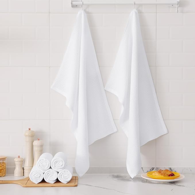 Kitinjoy 100% Cotton Waffle 4-Pack Kitchen Towels, 20" x 28", White | Super Soft, Ultra-Absorbent, Fast Drying, lightweight, Quick Drying Kitchen Hand Towels