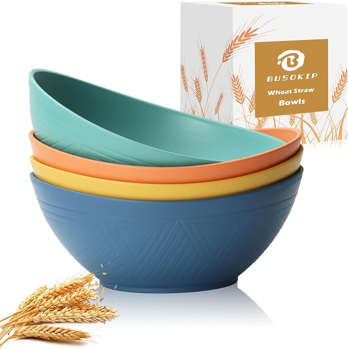 65 OZ Wheat Straw Bowls Set of 4, Large Unbreakable Salad Bowls, Microwave & Dishwasher Safe Big Serving Bowl, Plastic Kitchen Bowl for Popcorn, Cereal, Soup and Ramen (Multicolor)