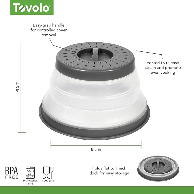 Tovolo Microwave Splatter Cover for Food, 3-Pack (Charcoal) - Collapsible & Vented Silicone Splatter Guard Lid - Microwave Plate & Dish Cover with Handle - BPA-Free Kitchen Gadget for Meal Prep
