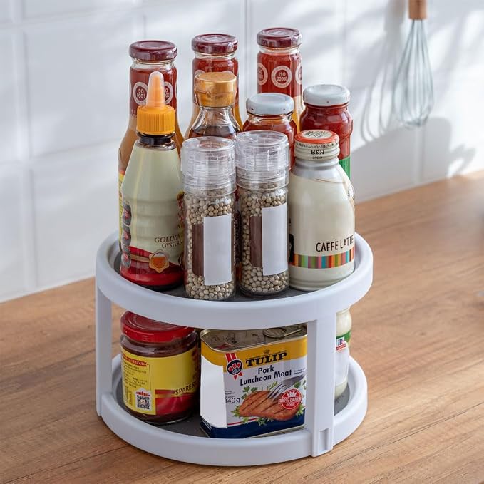 2 Tier Non Skid Spice Rack Turntable, 10 Inch Spinning Organizer, Non Skid Lazy Susan Turntable, 360° Rotating Seasoning Organizer for Kitchen, Pantry Cabinet, Refrigerator, Bathroom, Gray & White