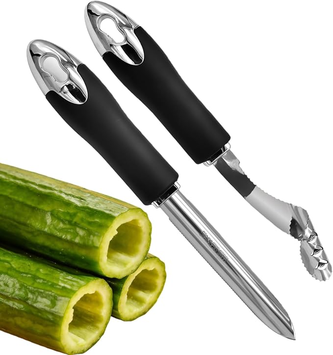 2Pcs Jalapeno Pepper Corer Zucchini Cucumber Corer Tool with Serrated Slice & Rubber Handle Stainless Steel Pepper Seed Remover for Kitchen Deseeder or Slice off Vegetables Tops
