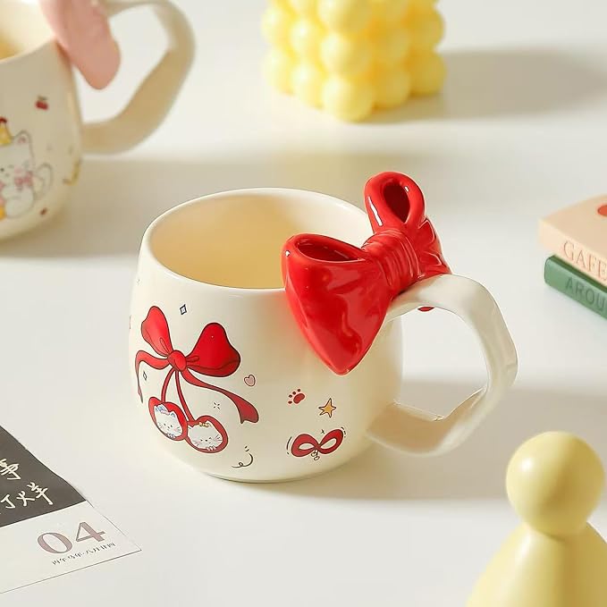 DTIUYIOP-Cute Cherry Cat Ceramic Coffee Mugwith 3D Bow & Bow Spoon | kawaii coffee mug ,kawaii mug,13.5oz,Large Curved Handle Milk Cup, Lovely Gift for Girls Women Birthday Christmas