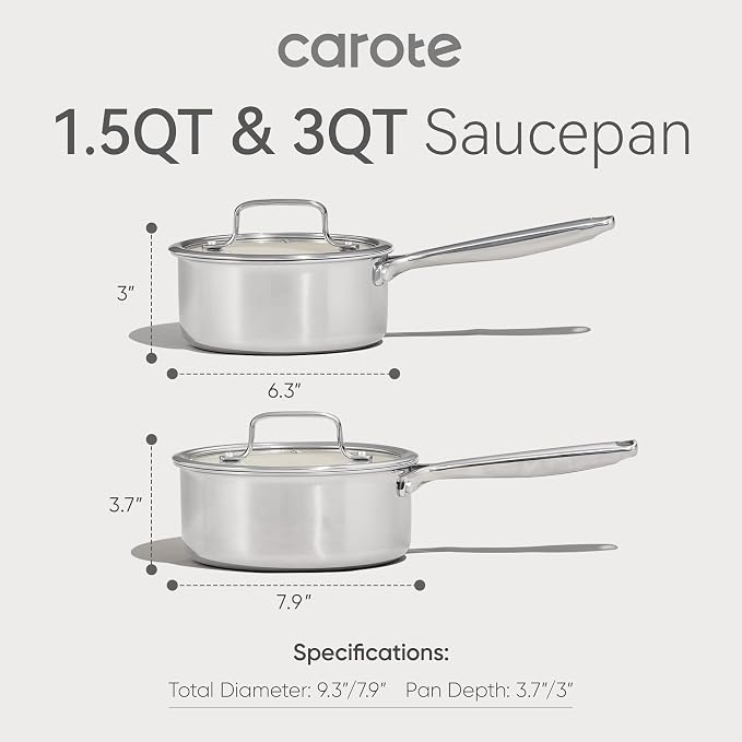 CAROTE 1.5Qt & 3Qt Stainless Steel Saucepan Set, Ceramic Pot Sets Non-Stick Non-Toxic Kitchen Cookware, Small Cooking Pots with Lids, Oven Safe, Induction Sauce Pan, Even Heating