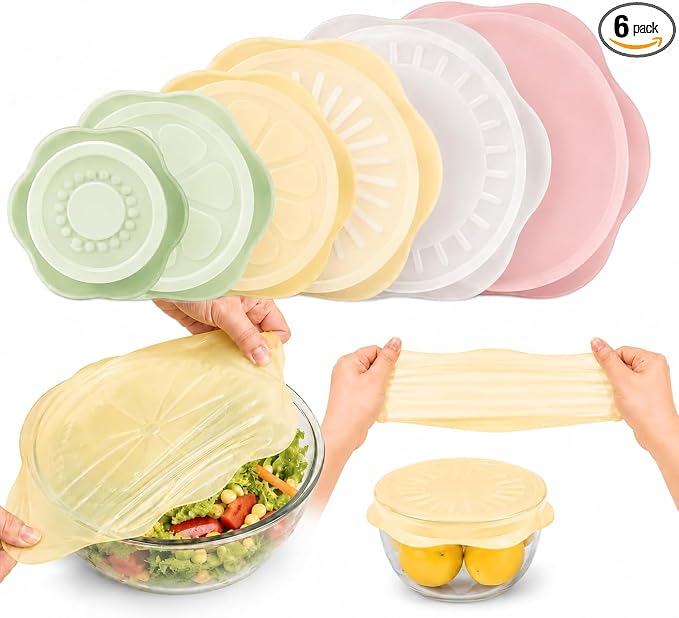 Silicone Bowl Covers – Stretch Lids (6 Pack) – Reusable Food Storage Covers for Bowls, Cups & Containers – Airtight, Leakproof, BPA Free, Eco-Friendly – Microwave, Freezer & Dishwasher Safe
