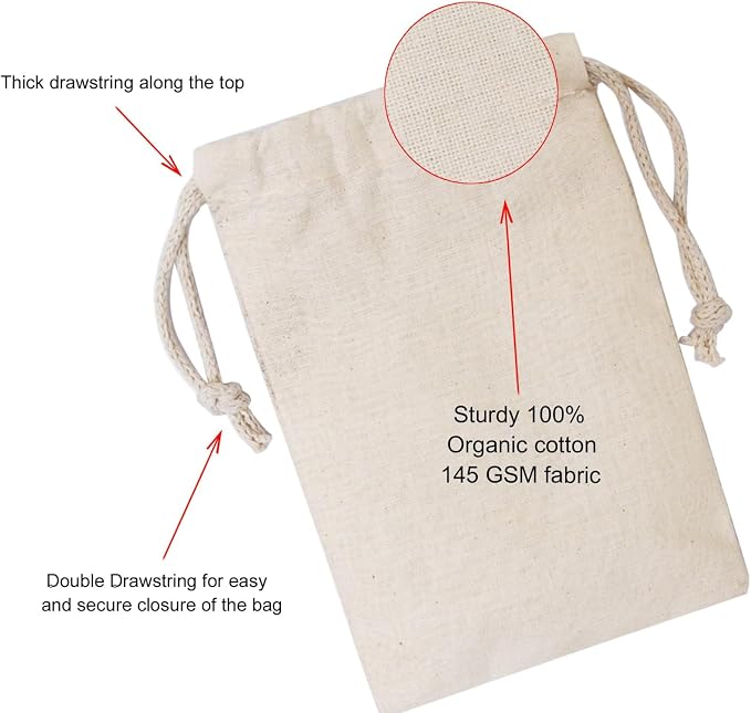 100Pcs 8 x 12 Inches Premium Cotton Muslin Double Drawstring Bags, Reusable Bag Natural Cotton Bags with Drawstring Produce Bags Bulk Gift Bag Jewelry Pouch for Party Wedding Home Storage