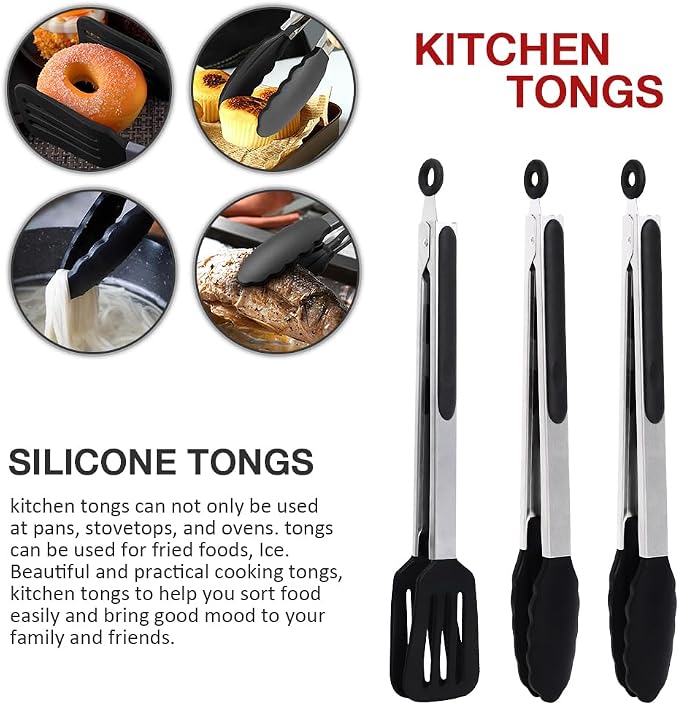 12 Inch Kitchen Tongs Set of 3, Silicone Tongs with Silicone Tips | Stainless Steel Handle, Non-Scratch, Heat Resistant, for Cooking, Baking, Grilling