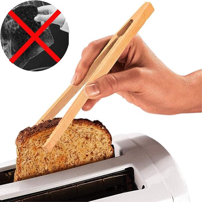 4 pack Bamboo Toaster Tongs - 7” Reusable Wood Cooking Tongs -Ideal Kitchen Utensil For Cheese Bacon Muffin Fruits Bread- Ultra Grip - Eco-friendly (Yellow-4 pcs)
