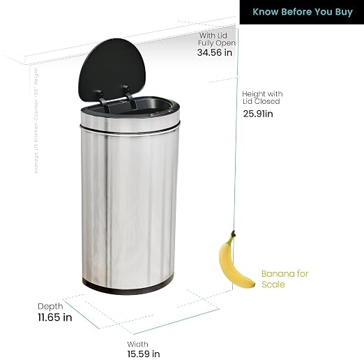 Home Zone Living 13 Gallon Motion Sensor Trash Can with Automatic Lid | Stainless Steel with Touch Control Lid, Hands-Free Operation for Kitchens, Flat Back Semi-Round Shape, Silver