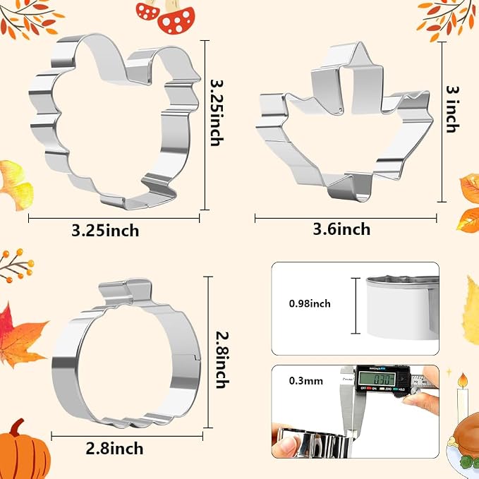 Thanksgiving Cookie Cutters - 3PCS Large 3.2" to 3.6" Autumn Maple Leaf, Turkey, Pumpkin Shapes