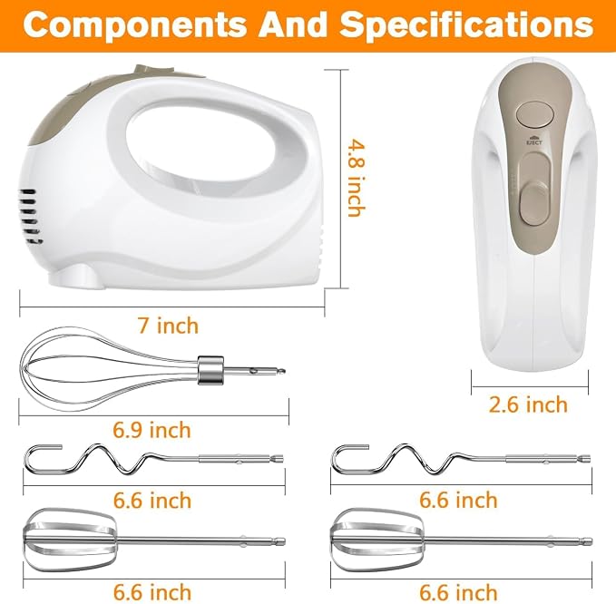 Showvigor Electric Hand Mixer with 5 Stainless Steel Whisks,5 Speed,White2 | Portable Kitchen Mixer Electric Whisk, Food Beater for Whipping Mixing Cookies