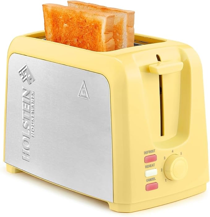 Holstein Housewares 2-Slice Toaster with 7 Browning Settings, Extra-Wide Slots, Reheat, Defrost, Cancel, High-Lift Release, Removable Crumb Tray – Compact Stainless Steel, Yellow