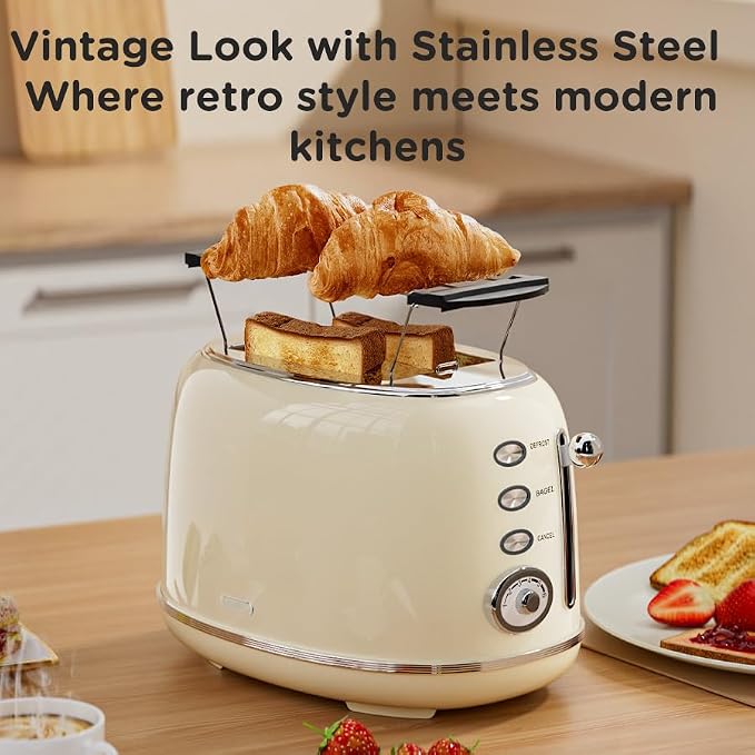 Wiltal Toaster Retro 2 Slice, Vintage White Toaster with Lid, with Bread Attachment, Preheat, Defrost And Cancel Functions, 6 Browning Levels (Beige)