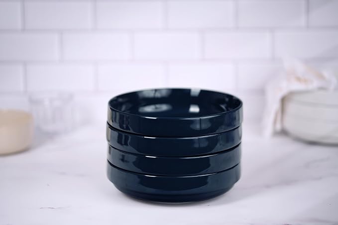 KooK Ceramic Large Pasta Bowls, Microwave and Dishwasher Safe, Great for Soups and Salads, Shallow Serving Bowls, Glossy Porcelain, 47 oz, Set of 4, Navy Blue
