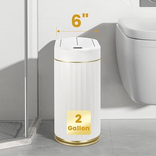 ELPHECO Motion Sensor Bathroom Trash Can with Lid 2 Gal Automatic Trash Can | Butterfly Lid, Room Decor Bathroom Accessories, Motion Sensor Wastebasket Garbage Can, Kitchen Living Room Office, White Gold