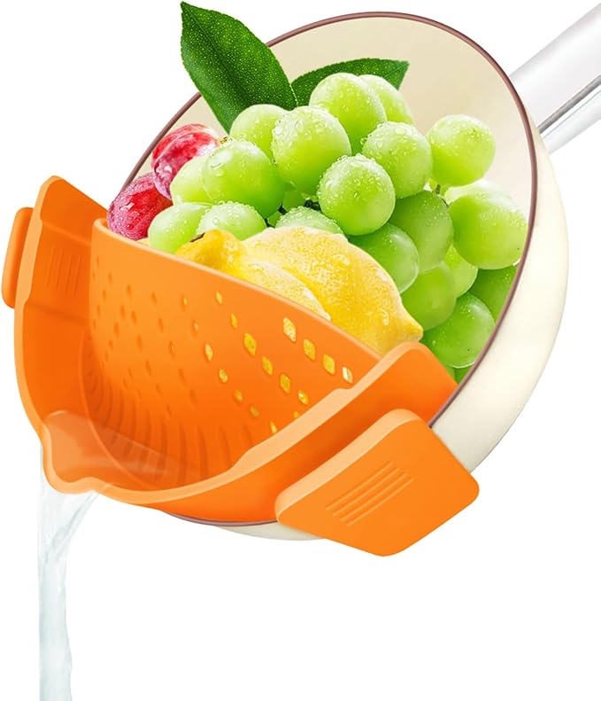 YEVIOR Clip on Strainer for Pots Pan Pasta,Silicone Food Pan Strainer | Food-grade BPA-free,Kitchen Food Strainer for Spaghetti, Pasta,Vegetable Fruits Fits All Bowls and Pots,Orange