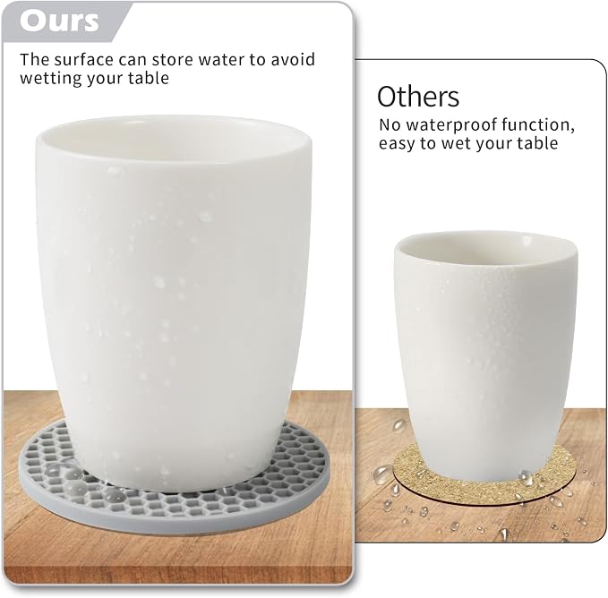 TWTLi Silicone Coasters Set of 6 with Holder — Non-Slip Drink Coasters for Coffee Table, Home Bar & Kitchen, Protects Wood & Marble Surfaces from Water Rings, Dishwasher Safe (Gray)
