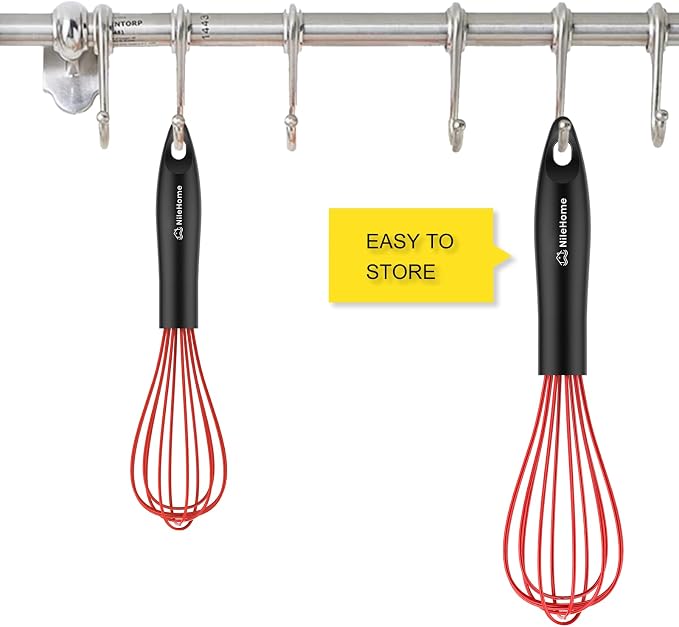 NileHome Silicone Whisk Set 8" 10", 2 Pack Kitchen Whisk Kitchen Wisk Wire Whisks for Cooking, Whisking, Blending, Beating, Stirring-Red