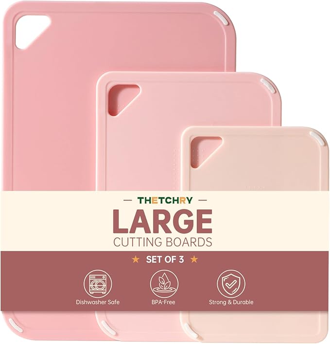 Plastic Cutting Board Set of 3, Pink Cutting Board for Kitchen | Non-Slip with Grip Handle, Chopping Board for Cooking, Bpa Free, Dishwasher Safe, Reversible, Cute Pink kitchen Accessories