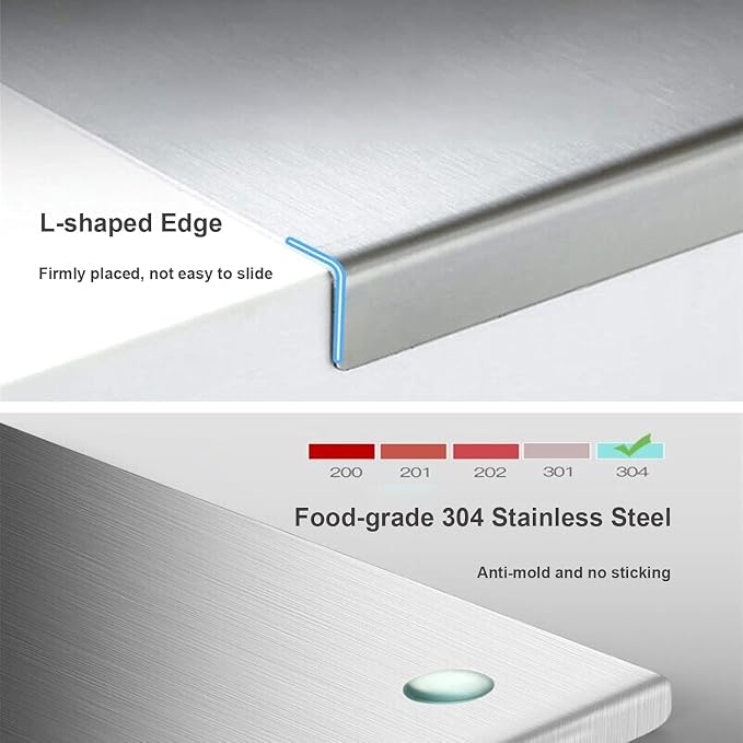 304 Stainless Steel Chopping Board with Lip, 31.5”x 22.8” Large Steel Cutting Board with Rolling Pin, Metal Noodle Board Pastry Board Kneading Dough Board for Kitchen Restaurant