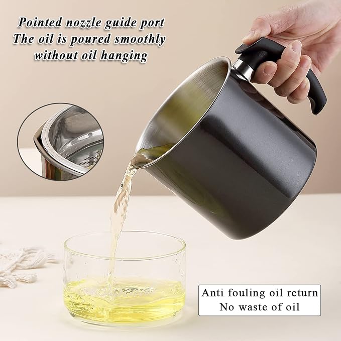 Kyraton Black Bacon Grease Container With Strainer, 48 oz Black Coating Stainless Steel Oil Container, Pot Fat Storage With Lid, Easy Grip Handle Suitable For Storing Frying Oil And Cooking Grease