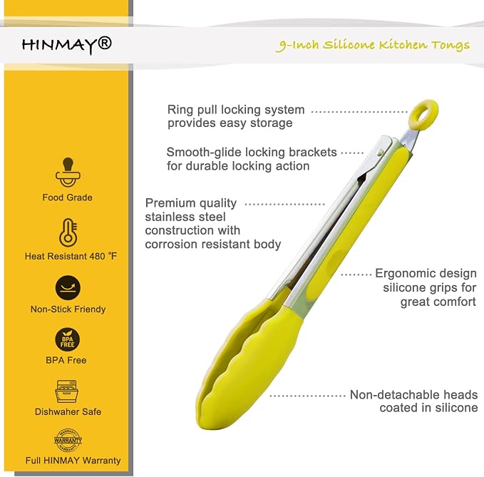 HINMAY Silicone Tipped Tongs 9" Kitchen Cooking Tongs, Set of 3 (Yellow)